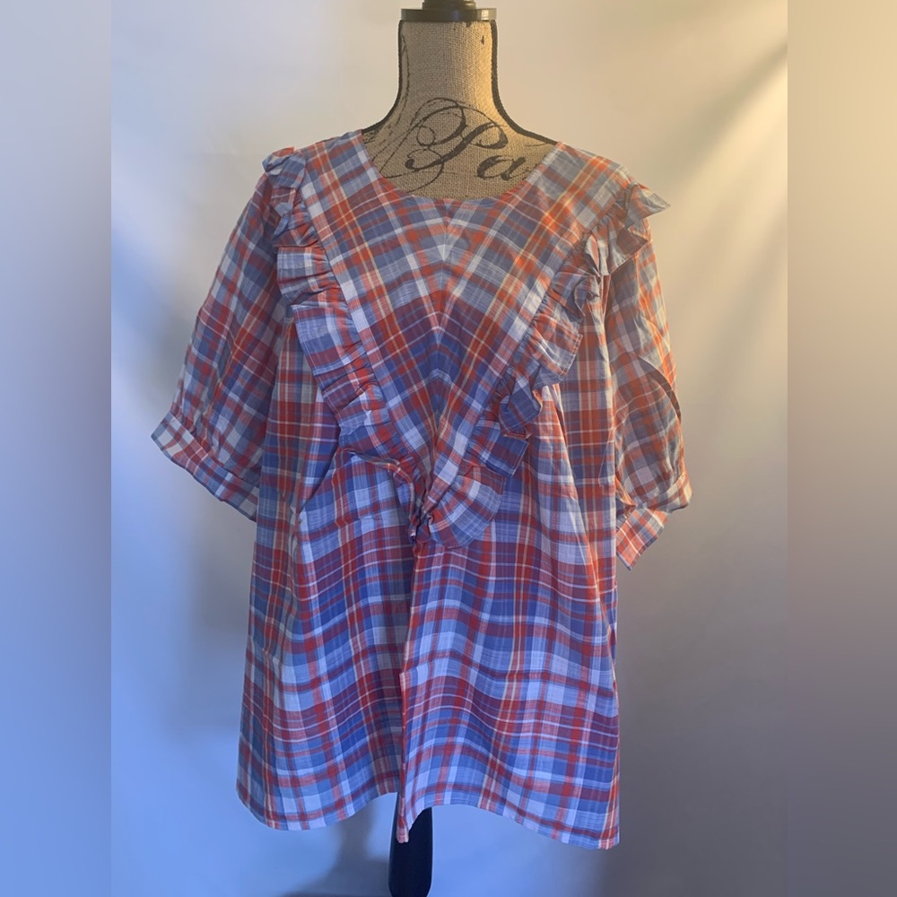 New Terra & Sky Plaid Ruffled Design Lightweight Short Sleeve Flowy Top Sz 3X
